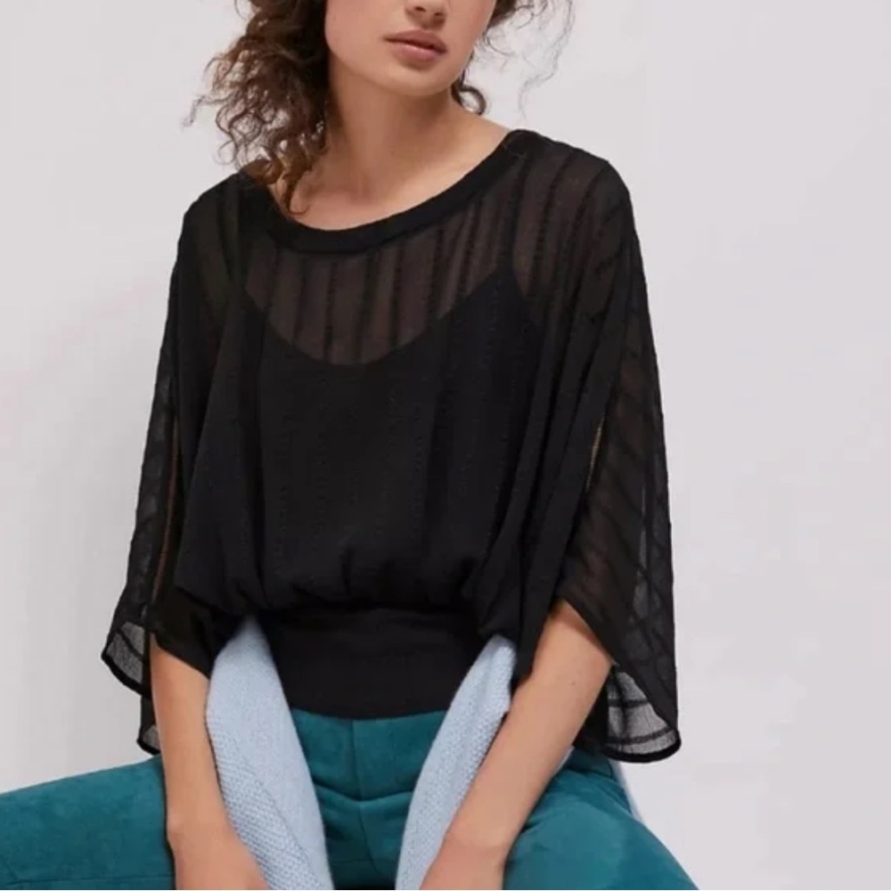 Maeve By Anthropologie Sheer Textured Batwing Top Black Small Bohemian EUC